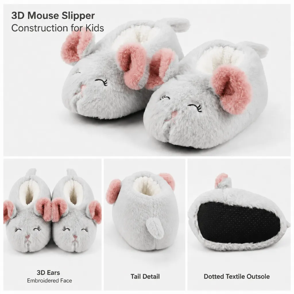 UT-CS1010 kids mouse slippers showing raised 3D ears, embroidered face, tail detail and dotted textile outsole