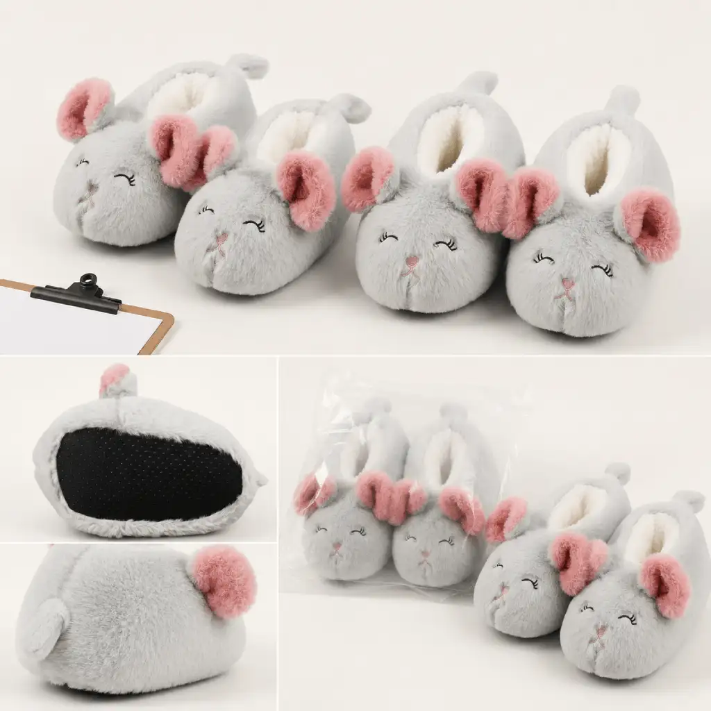 UT-CS1010 3D mouse slippers shown for bulk order review with pair consistency, dotted outsole, tail detail and packed-product recovery