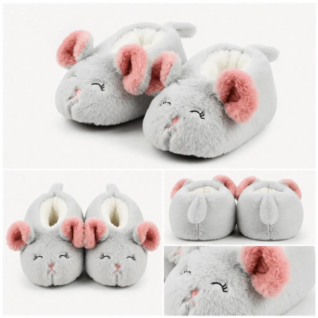UT-CS1010 kids mouse slippers showing 3D ear placement, embroidered face, tail position and left-right pair consistency