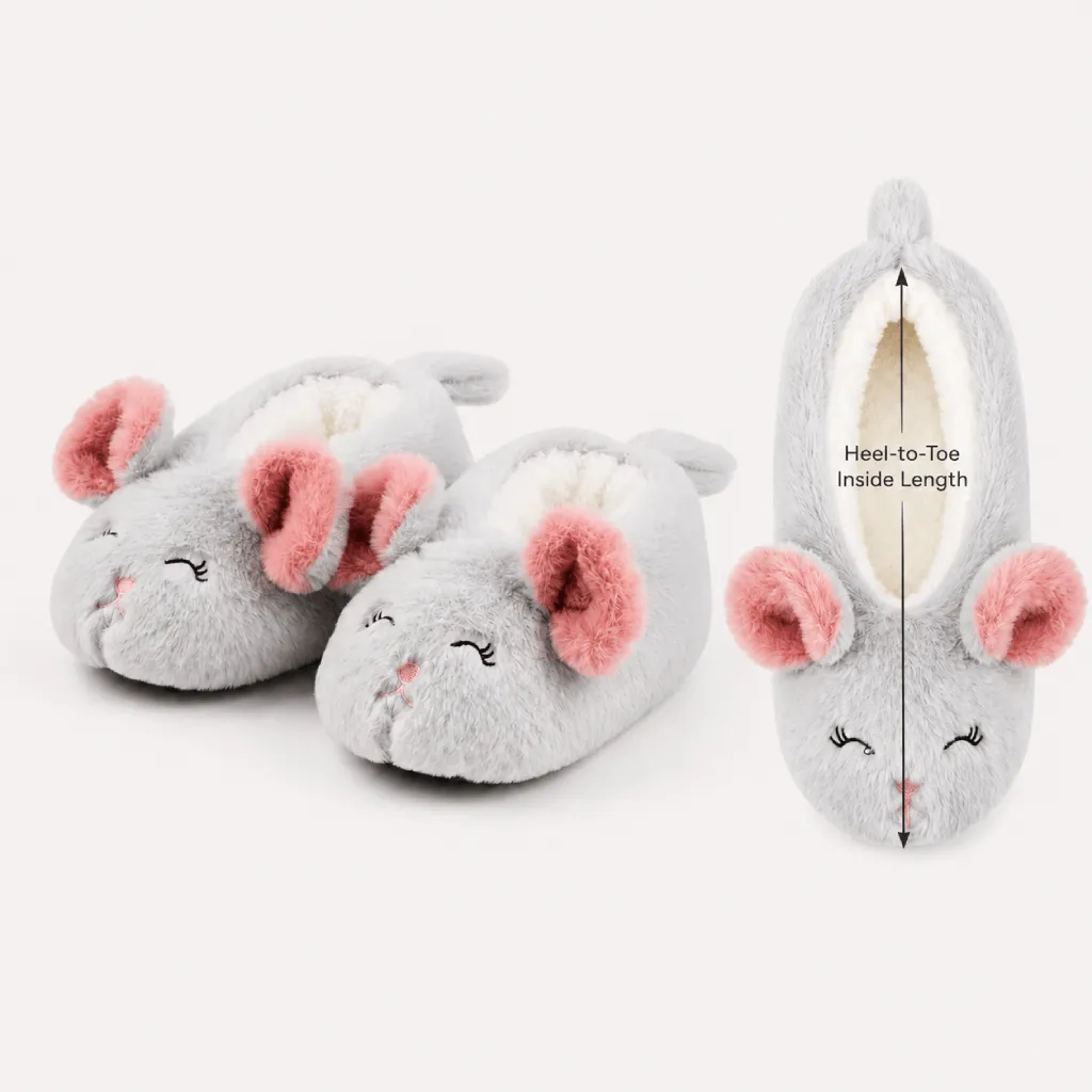 UT-CS1010 kids mouse slippers showing heel-to-toe inside length measurement for EU sizes 28–35