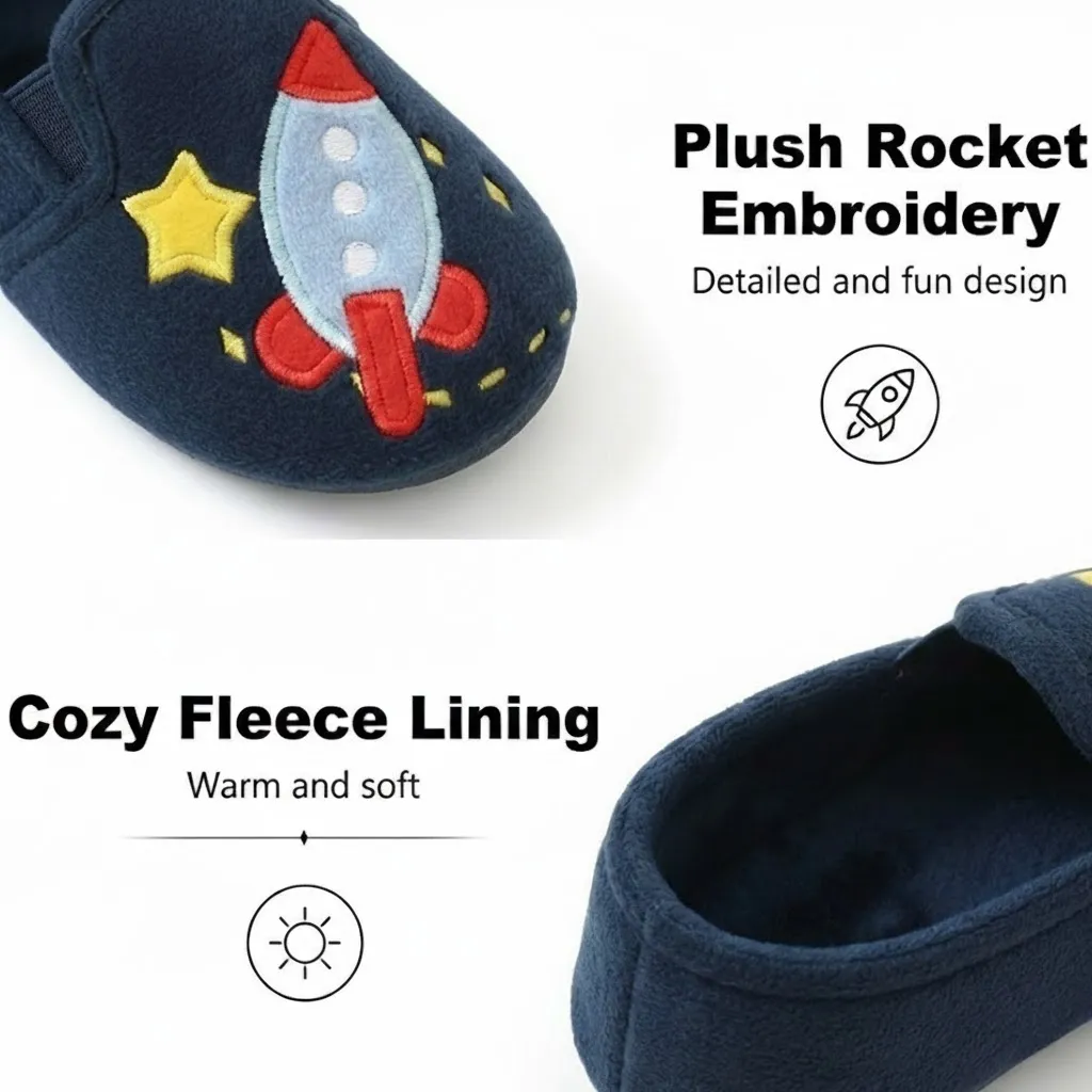 Fabric detail of kids space rocket indoor slippers with soft texture