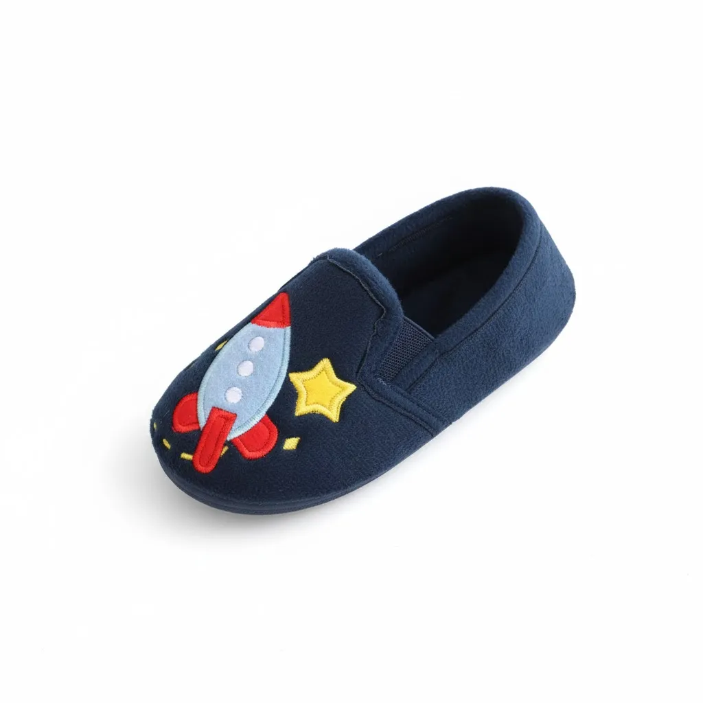 Kids Space Rocket Indoor Slippers – Front View Kids space rocket indoor slippers with fun cartoon spaceship design