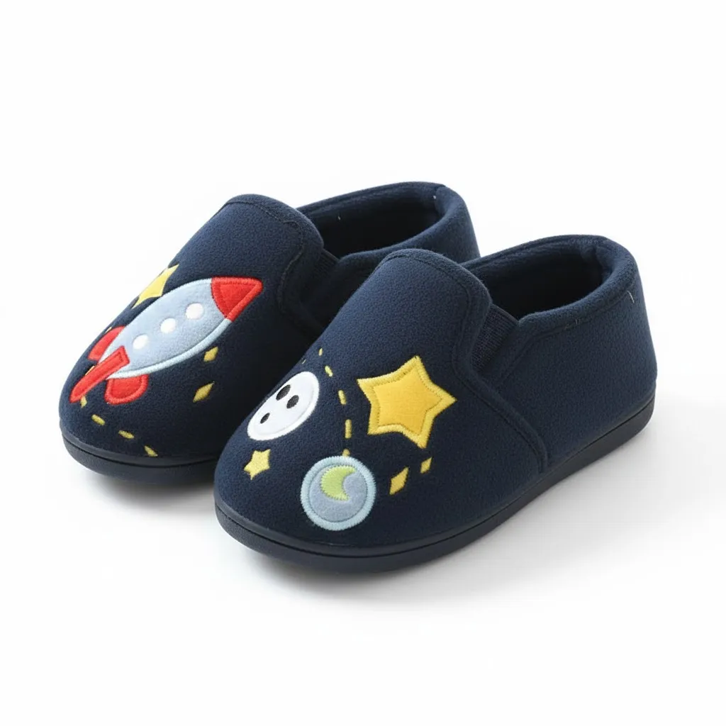 Side view of kids rocket stitched slippers showing lightweight shape