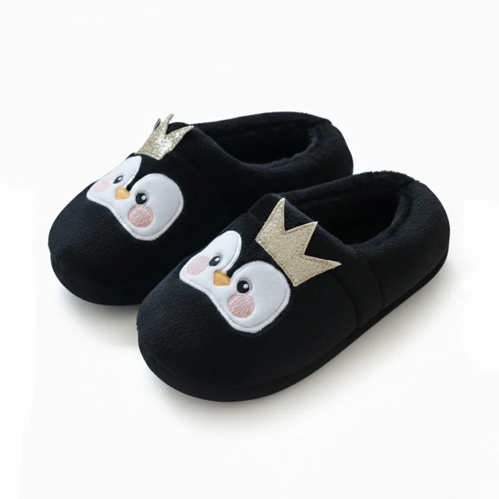 Side view of wholesale kids penguin plush slippers with soft plush exterior