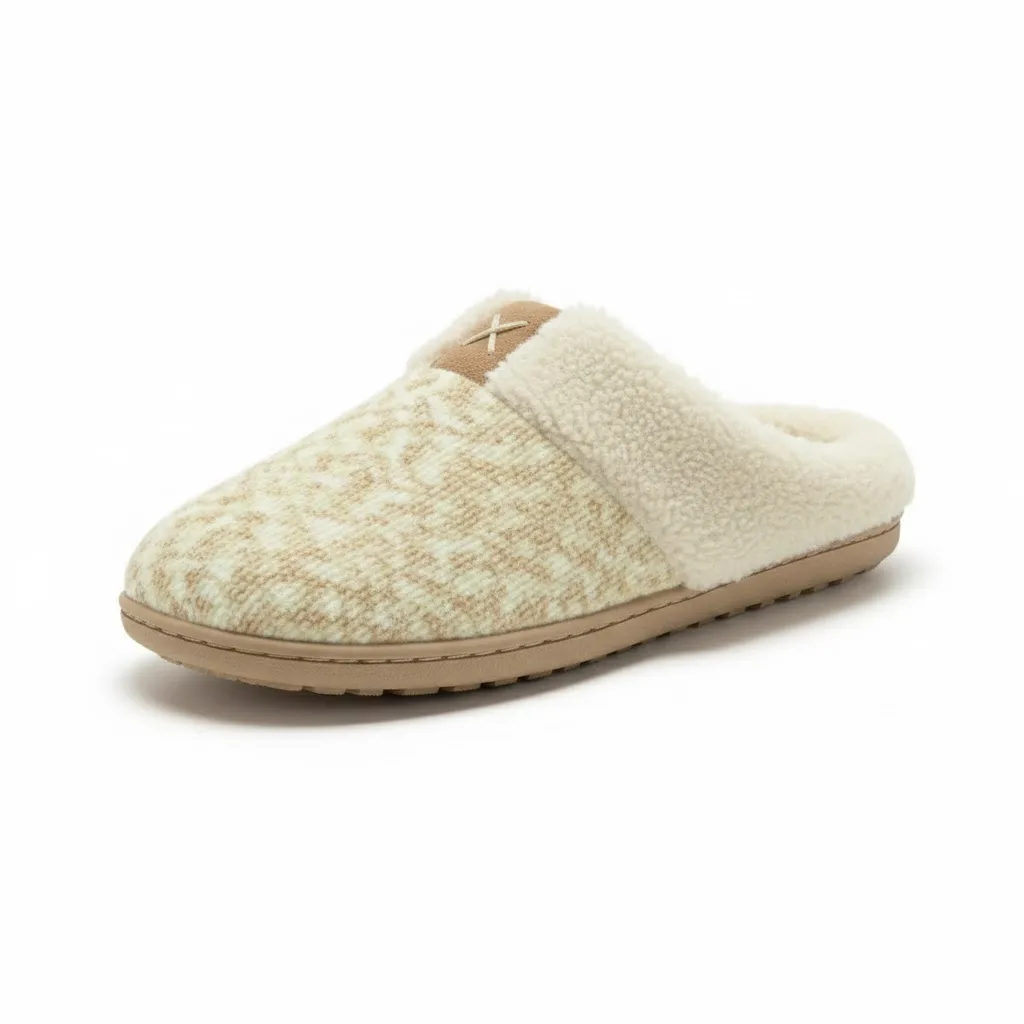Beige Fleece Indoor Slippers Side View – UT-WS1001 Side view of beige fleece lined women’s house slippers model UT-WS1001