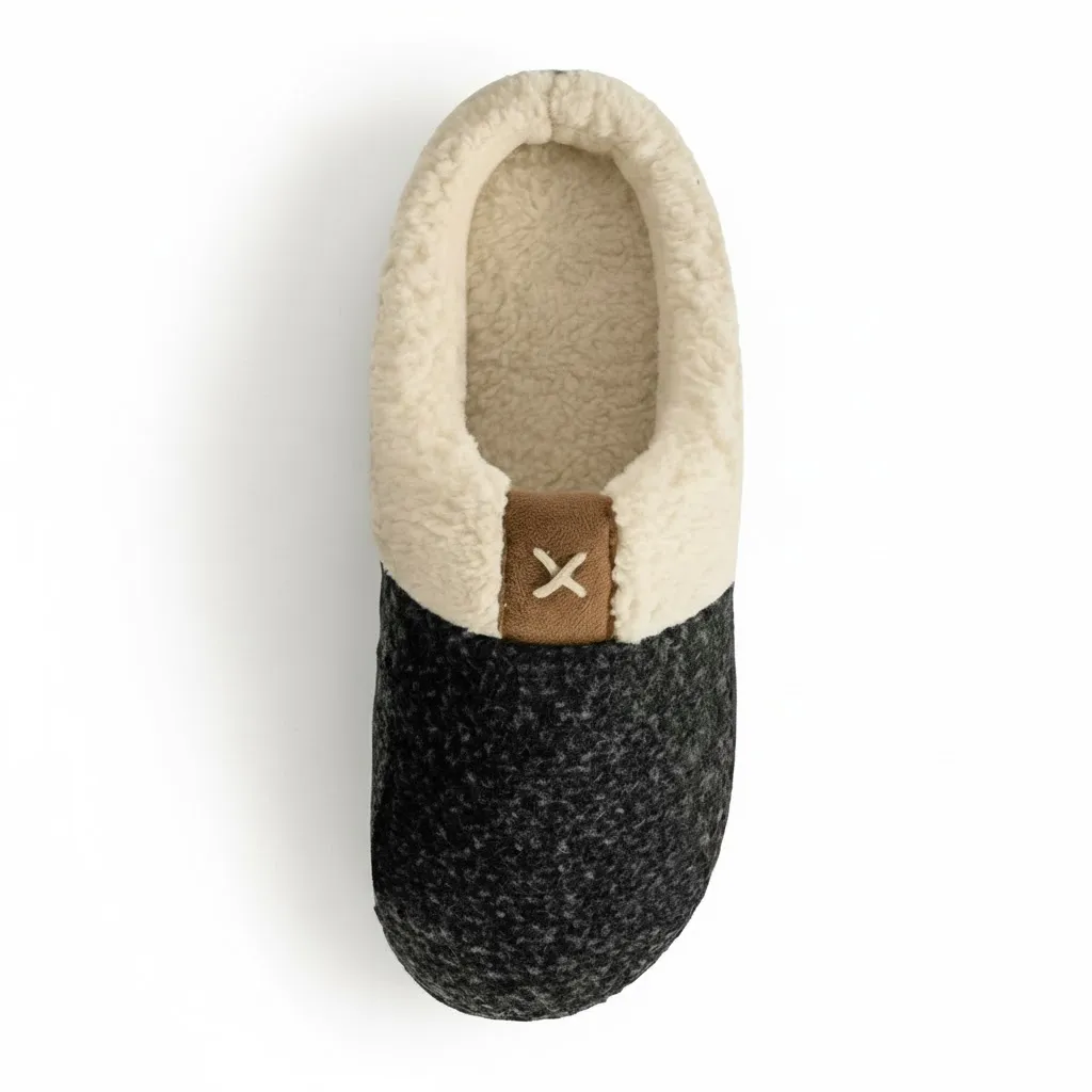 Black Slippers Top View – UT-WS1001 Top view of black fleece lined indoor slippers for women