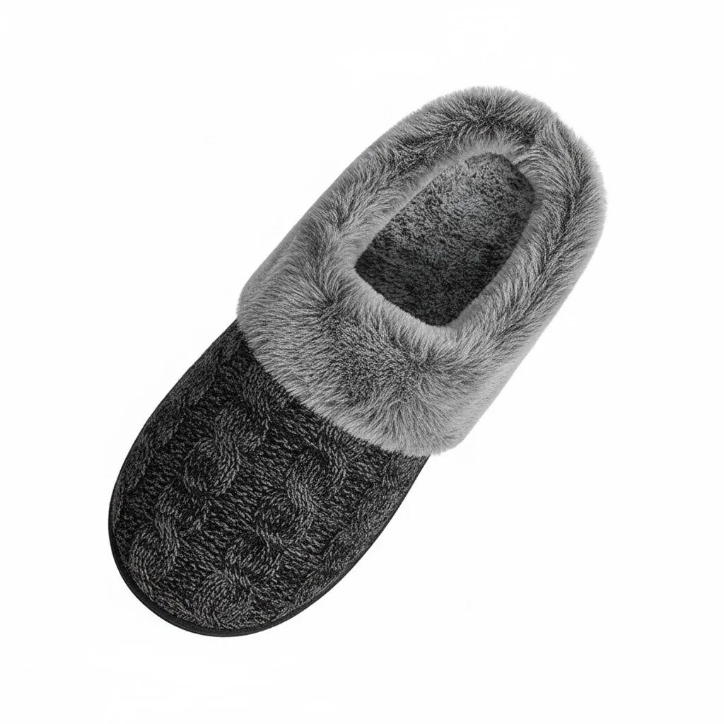 Black Cable Knit Memory Foam Slippers – UT-WS1002 Front view of black cable knit memory foam indoor slippers model UT-WS1002