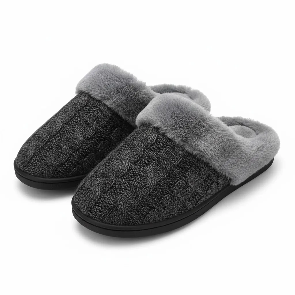 Black Knit Slippers Side View – UT-WS1002 Side view of black knit house slippers with cushioned memory foam