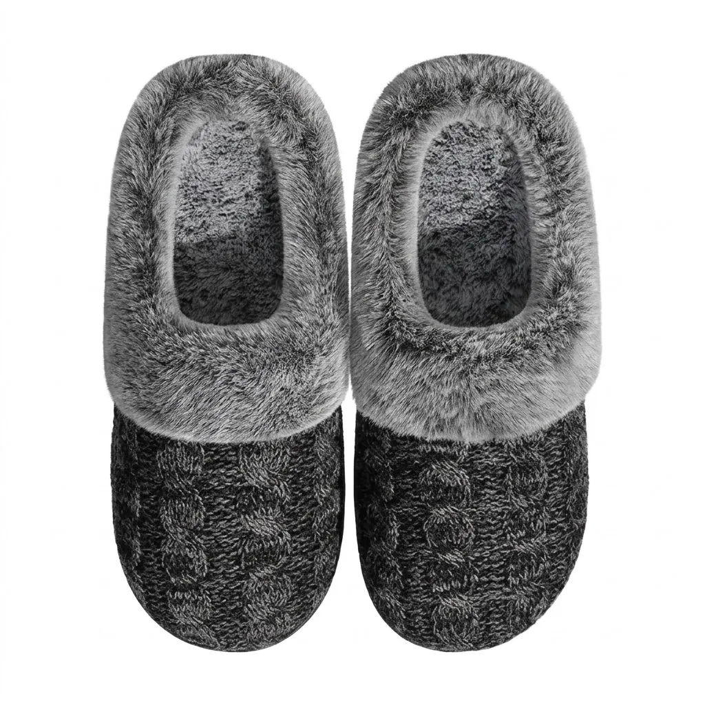 Black Knit Slippers Top View – UT-WS1002 Top view of black cable knit women’s house slippers