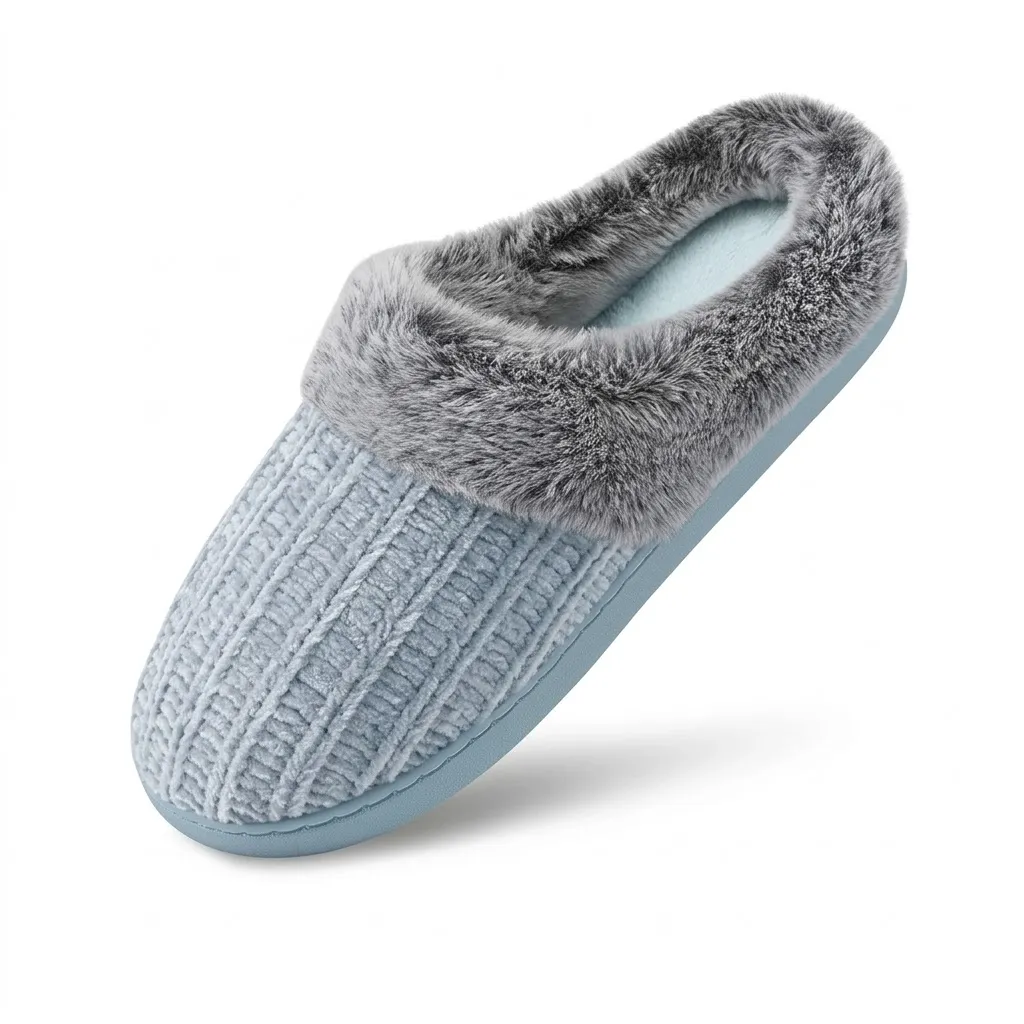 Blue Cable Knit Memory Foam Indoor Slippers – UT-WS1002 Front view of blue women’s cable knit memory foam indoor slippers model UT-WS1002