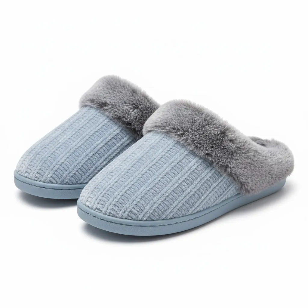 wholesale womens cable knit slippers front view with faux fur trim