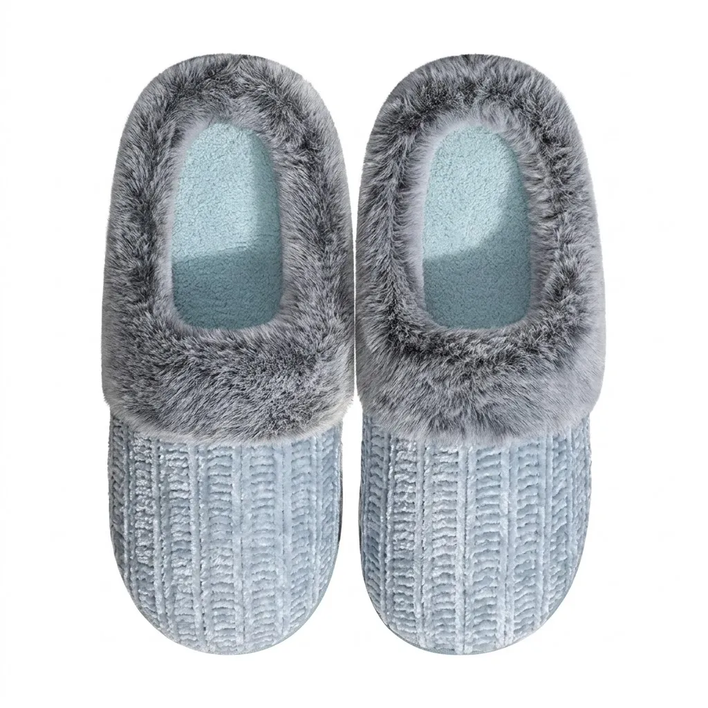 Blue Knit Slippers Top View – UT-WS1002 Top view of blue women’s cable knit house slippers