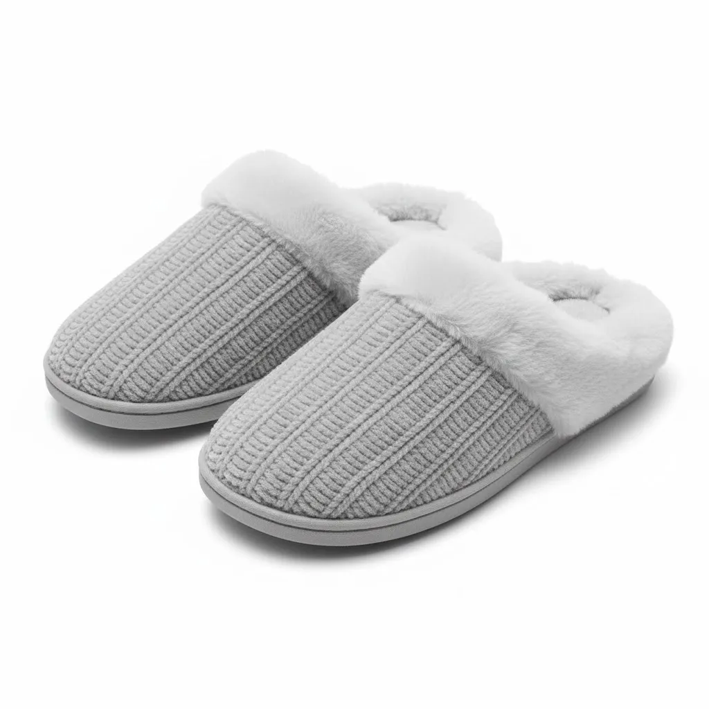 Grey Knit Slippers Side View – UT-WS1002 Side view of grey knitted indoor slippers with cushioned insole