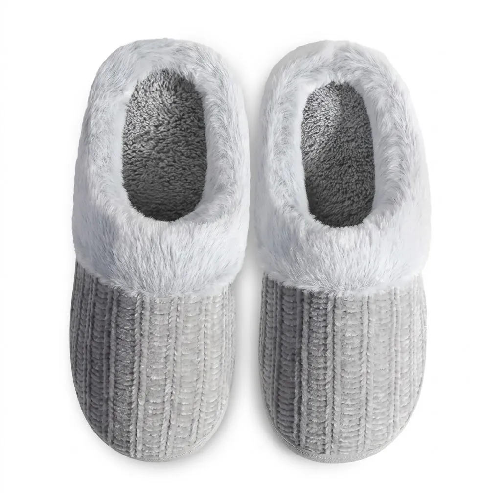 Grey Knit Slippers Top View – UT-WS1002 Top view of grey knitted indoor slippers