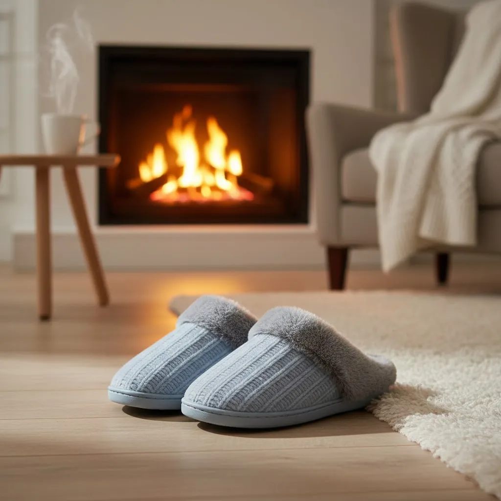 Woman relaxing at home wearing cable knit memory foam indoor slippers UT-WS1002