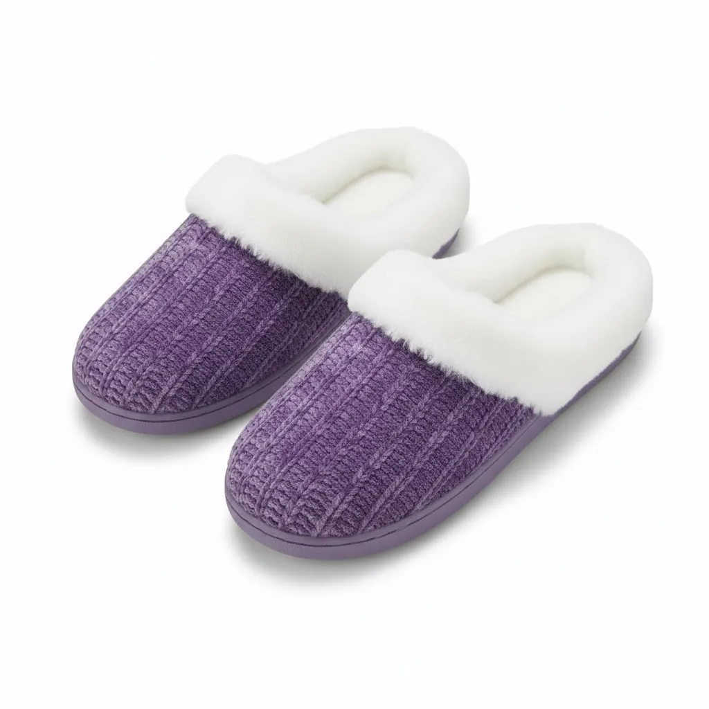 Purple Knit Slippers Side View – UT-WS1002 Side profile of purple knitted house slippers with memory foam insole