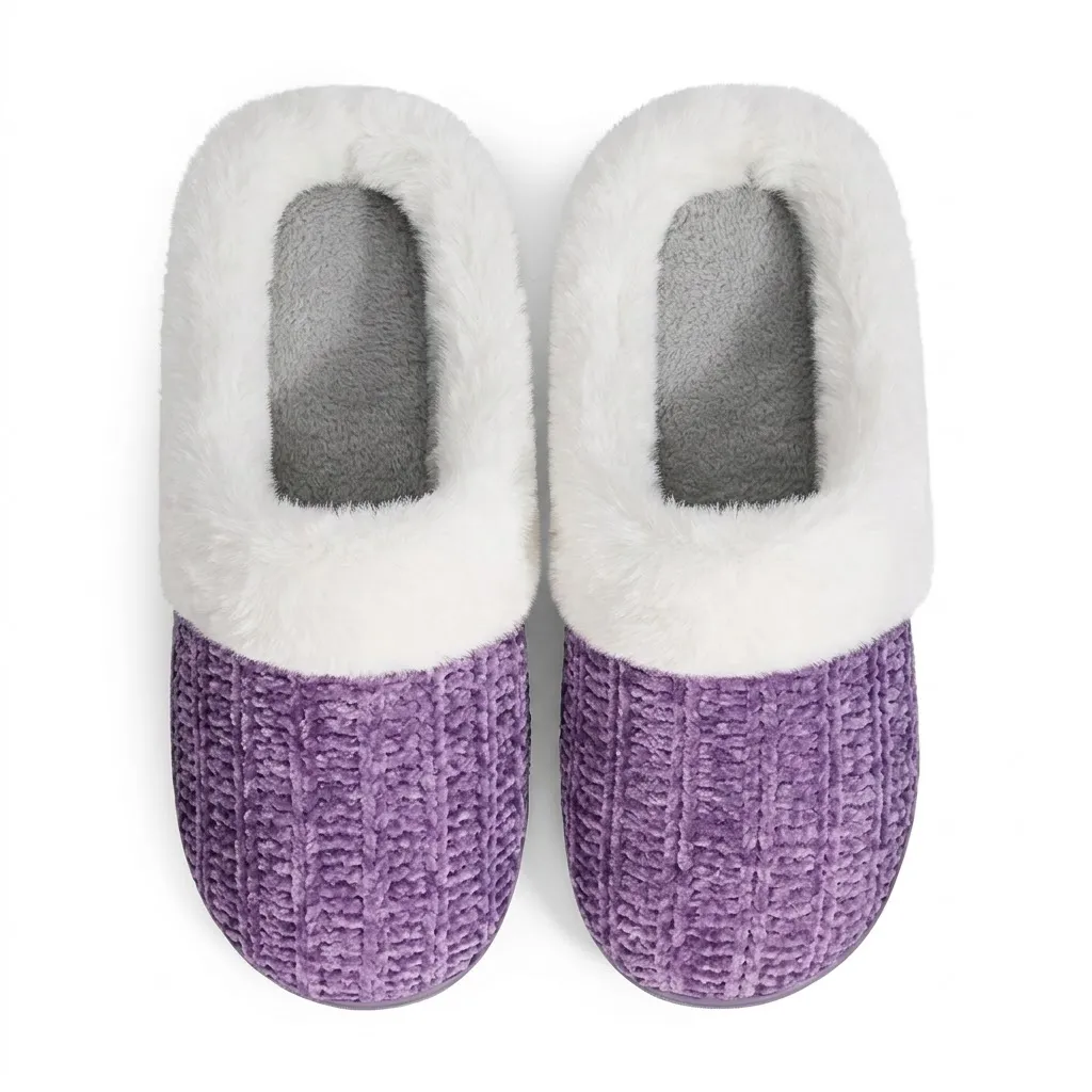 Purple Knit Slippers Top View – UT-WS1002 Top view of purple cable knit slippers for women