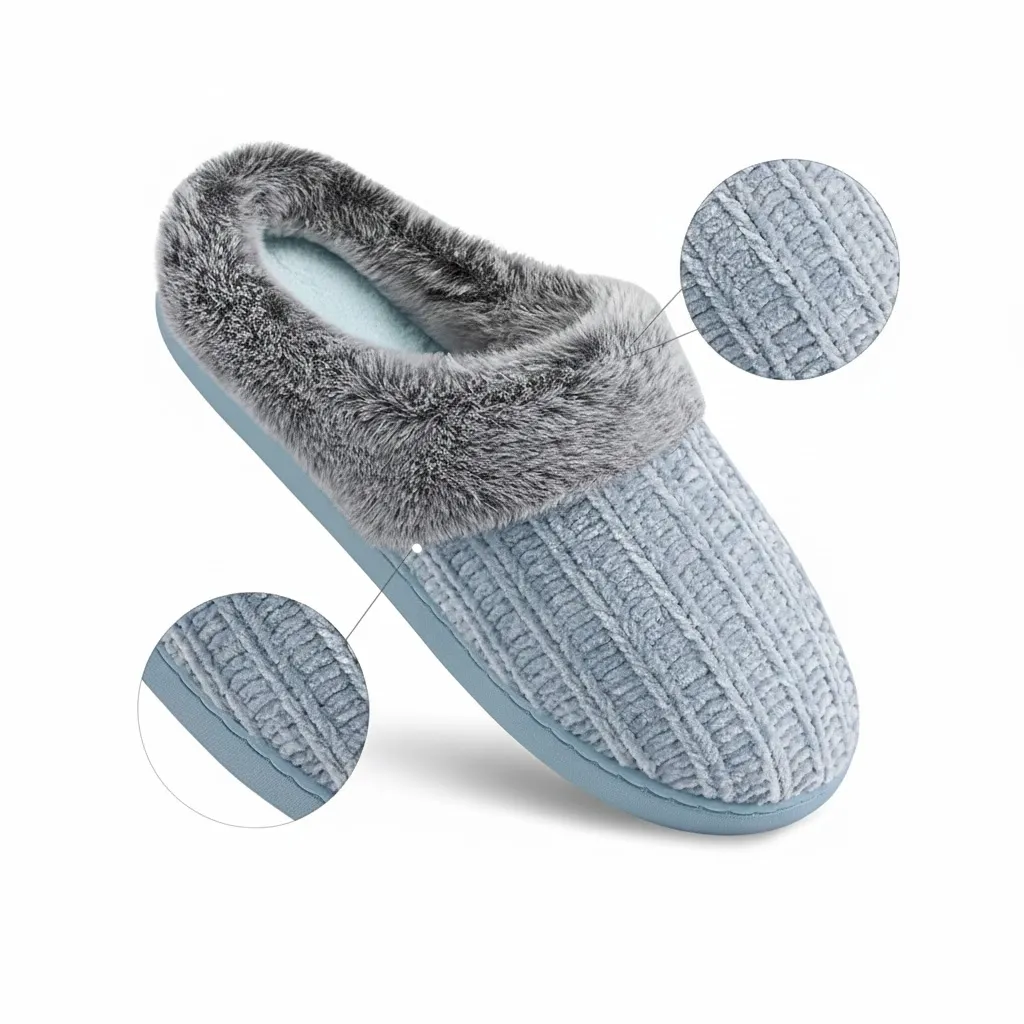 Soft faux fur lining inside women’s cable knit indoor slippers