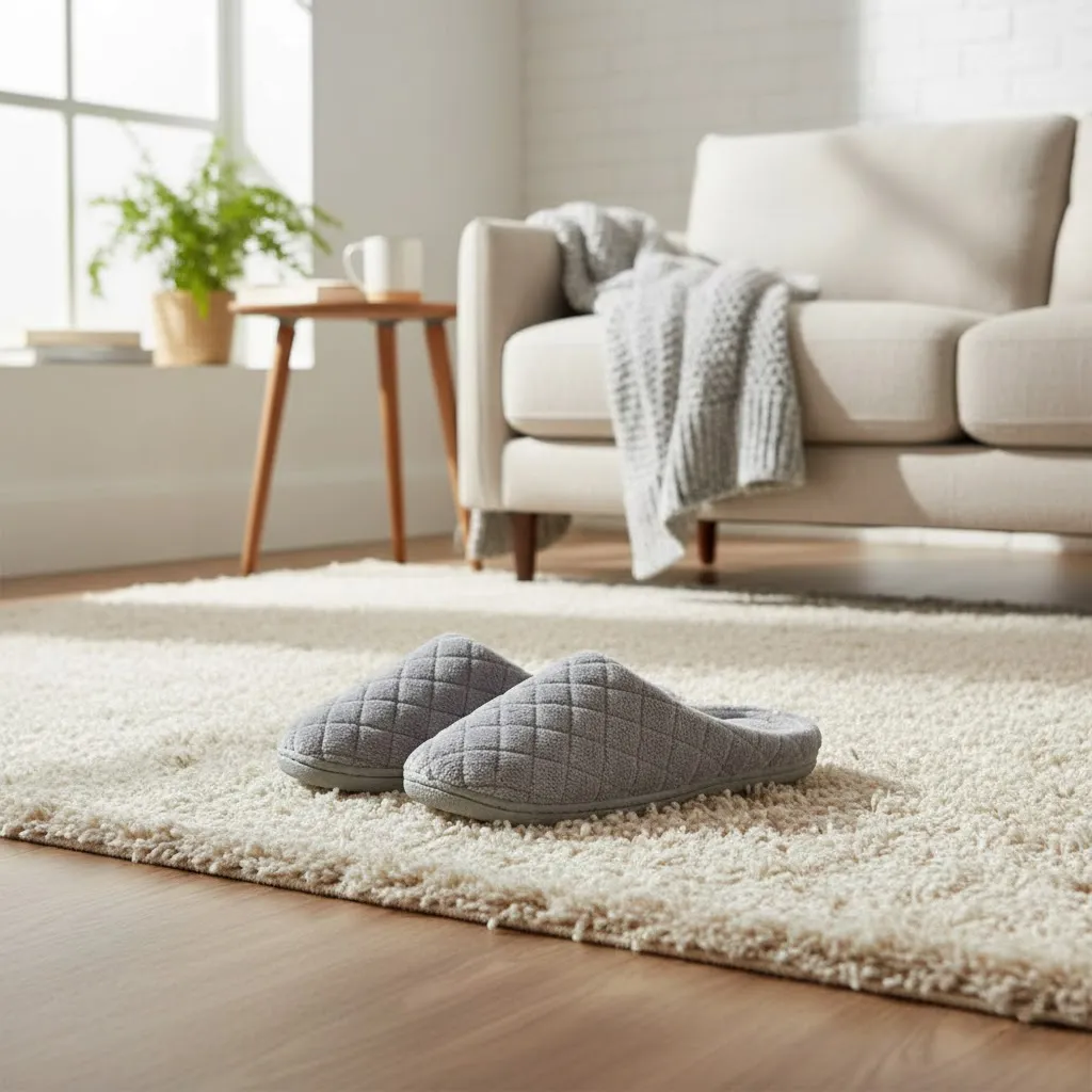 woman relaxing at home wearing waffle weave bedroom slippers model ut-ws1003 wholesale waffle slippers