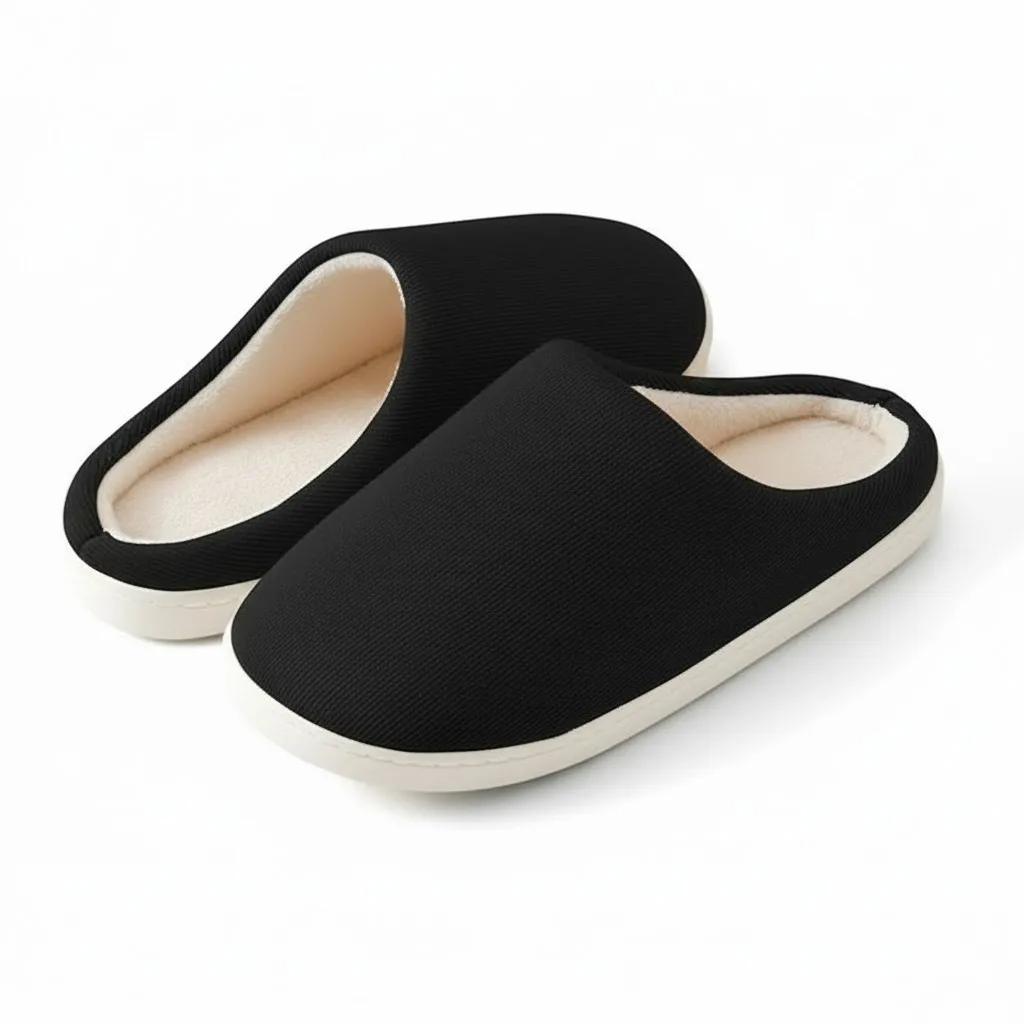 Black Indoor Slippers Back View – UT-WS1004 back view of black lightweight indoor slippers wholesale ribbed slippers