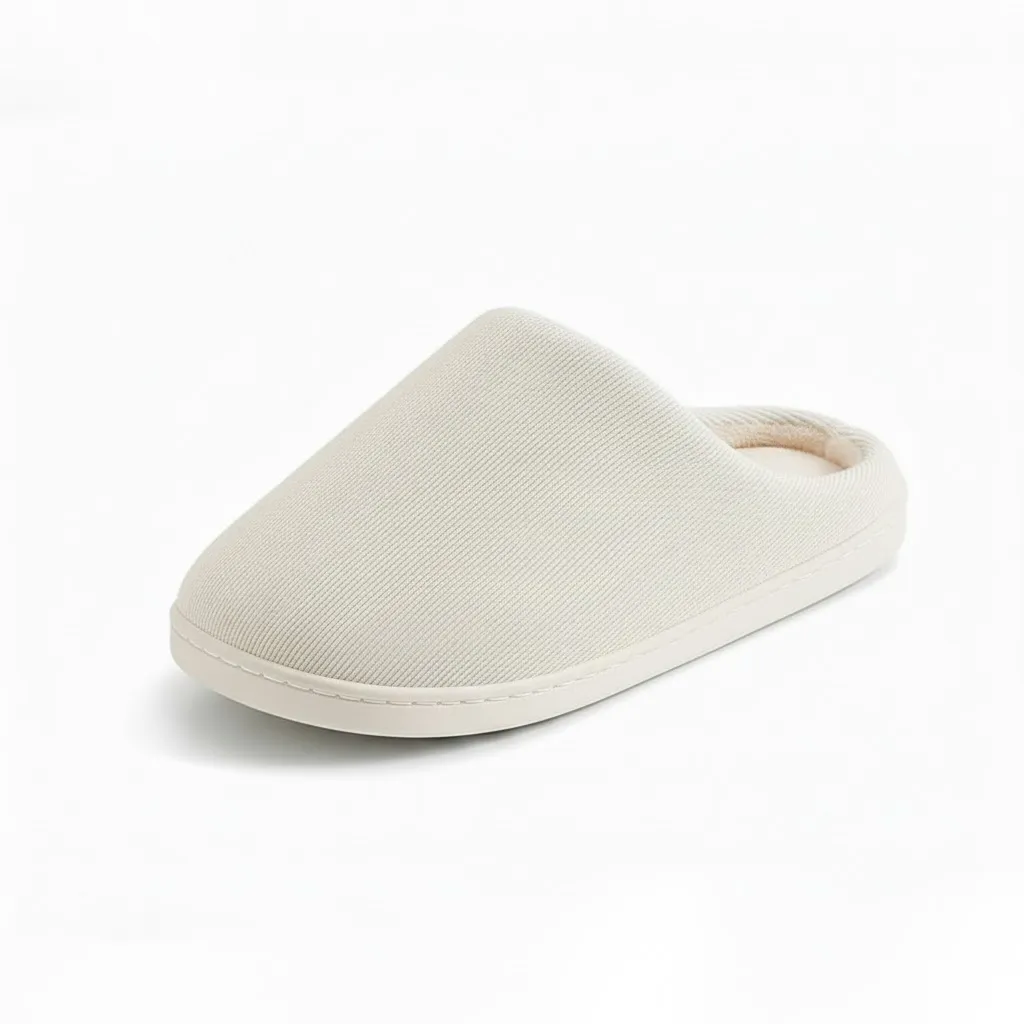 White Ribbed Slippers Side View – UT-WS1004 side view of white ribbed bedroom slippers for women wholesale ribbed slippers