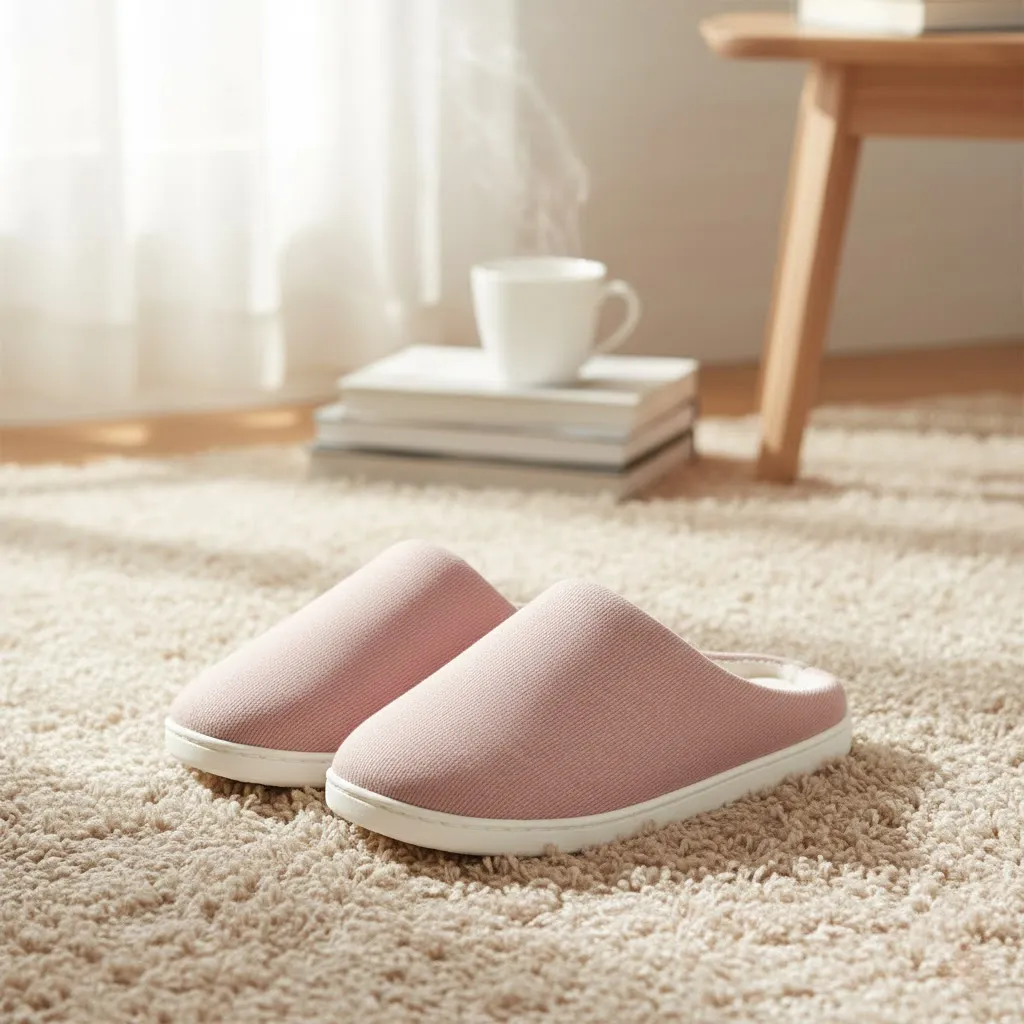 woman relaxing indoors wearing ribbed fabric slippers model ut-ws1004 wholesale ribbed slippers