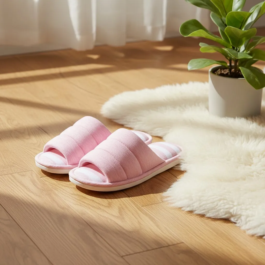 woman relaxing at home wearing striped plush slippers model ut-ws1005 plush striped slippers