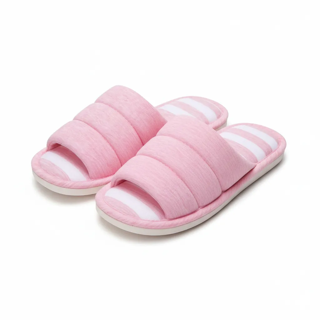 side view of pink faux fur striped plush slides for women plush striped slippers