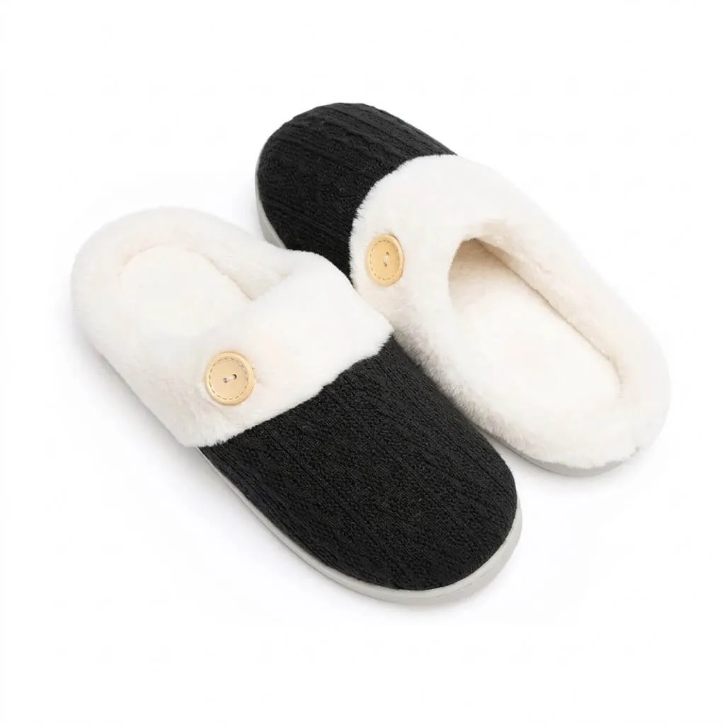 Black Cable Knit Slippers Back View – UT-WS1006 back view of black cable knit indoor slippers with button detail cable knit slippers