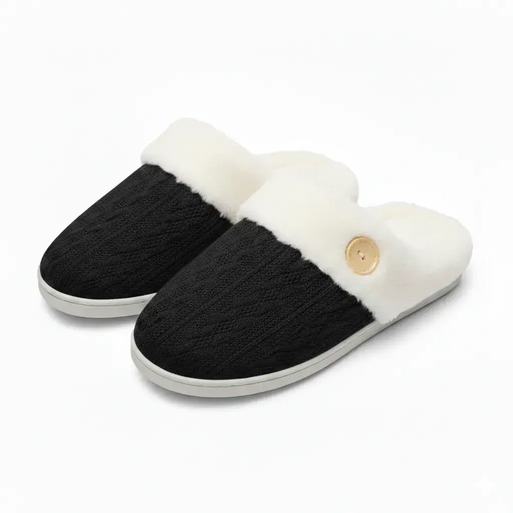 Black Button Cable Knit Slippers – UT-WS1006 front view of black women’s button cable knit slippers model ut-ws1006 cable knit slippers