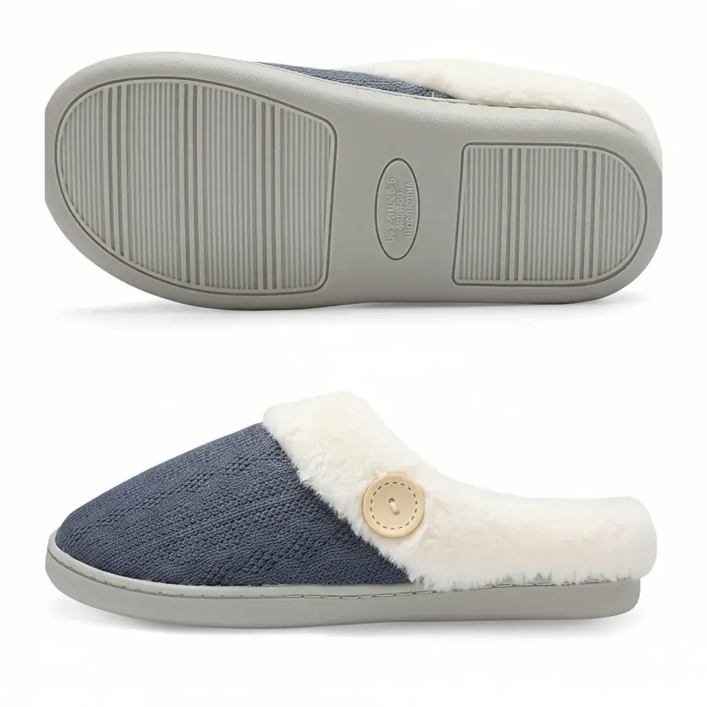Blue Cable Knit Slippers Back View – UT-WS1006 back view of blue cable knit indoor slippers with button decor cable knit slippers