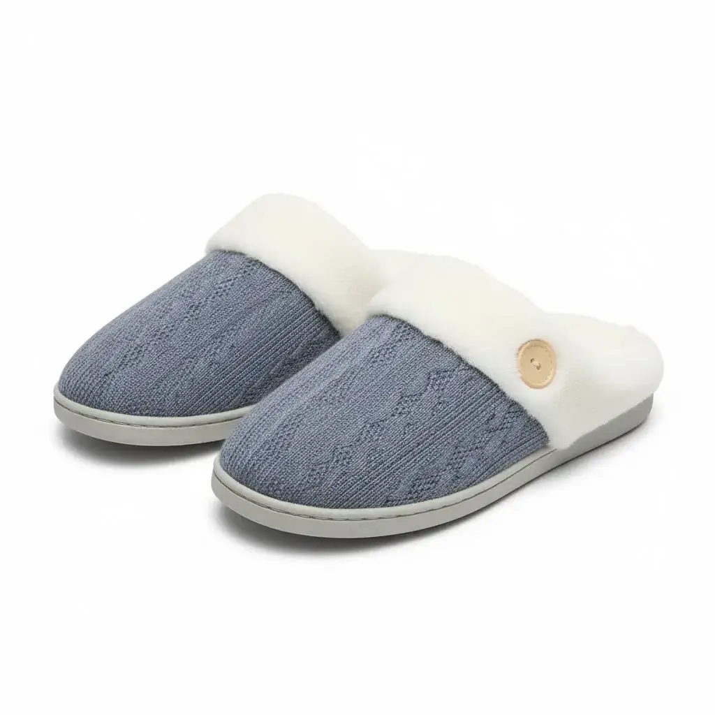 front view of blue women’s button cable knit slippers model ut-ws1006 cable knit slippers