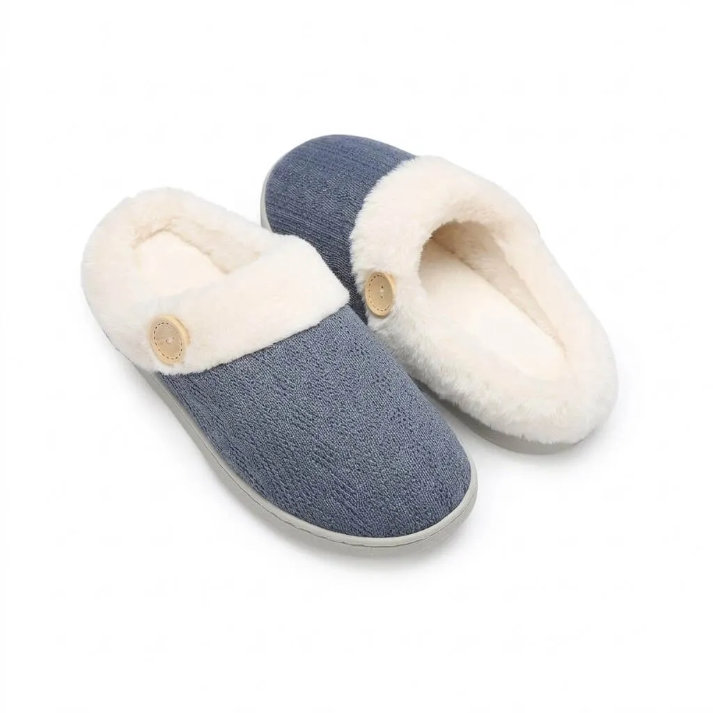 Blue Cable Knit Slippers Top View – UT-WS1006 top view of blue button cable knit slippers cable knit slippers