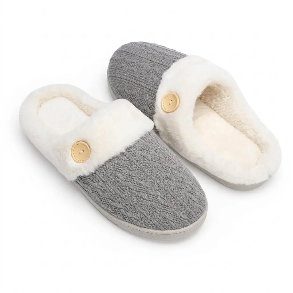 Grey Cable Knit Slippers Back View – UT-WS1006 back view of grey fleece lined cable knit indoor slippers cable knit slippers