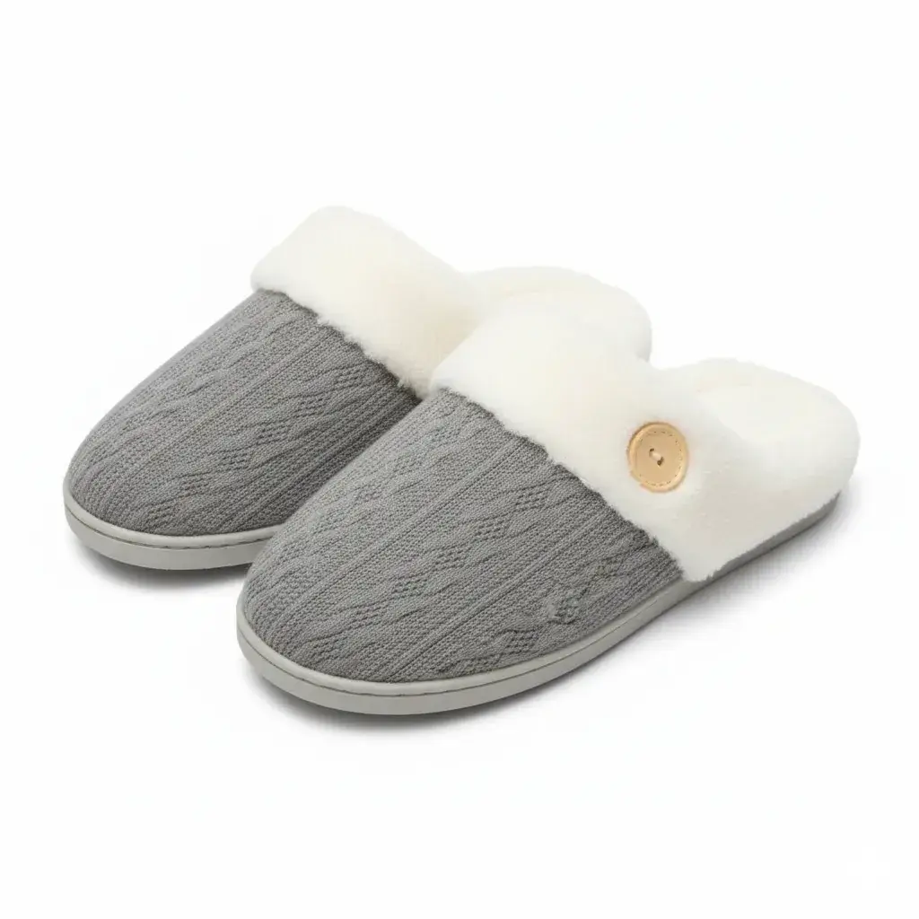 Grey Button Cable Knit Slippers – UT-WS1006 front view of grey women’s button cable knit slippers model ut-ws1006 cable knit slippers