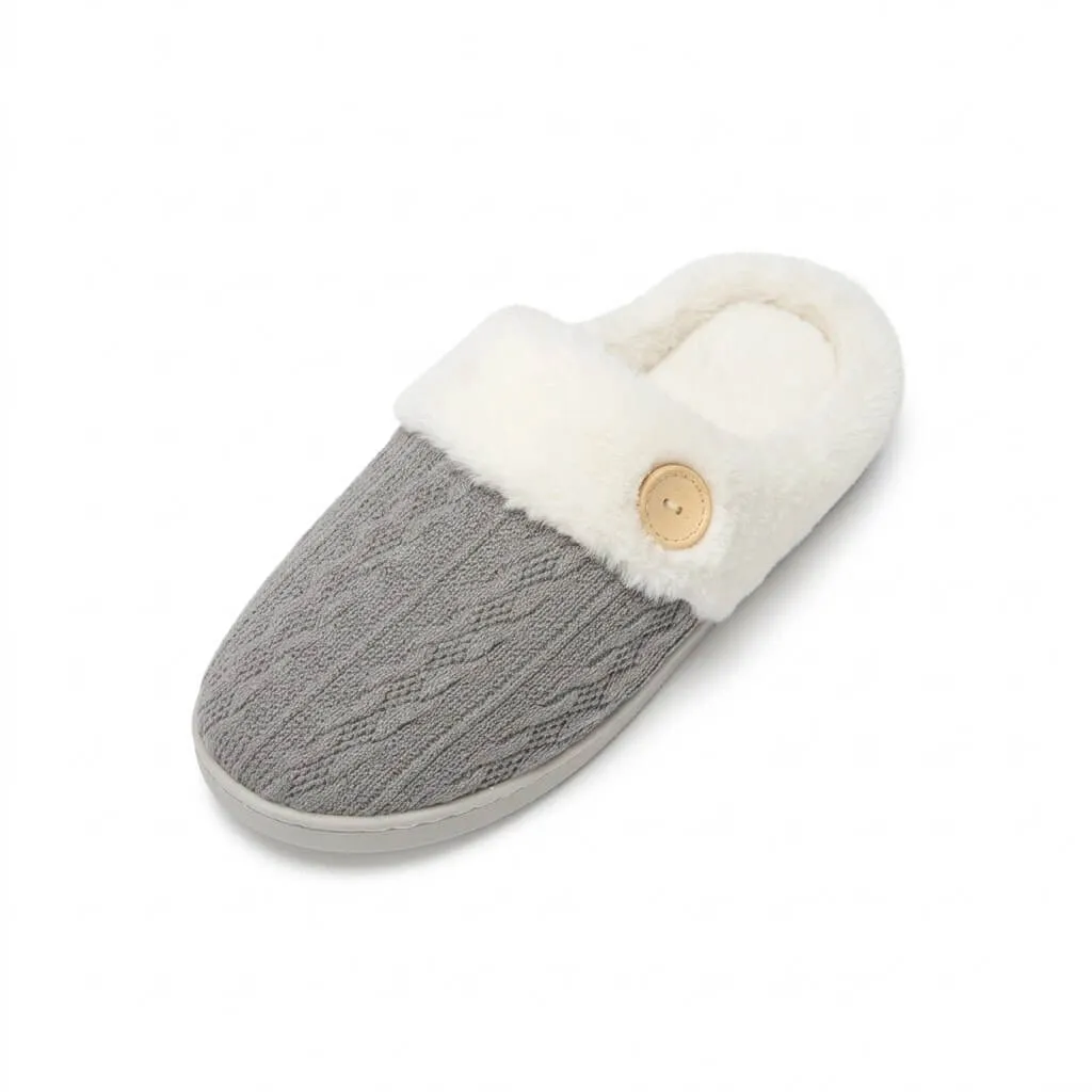 Grey Cable Knit Slippers Side View – UT-WS1006 side view of grey cable knit slippers with button decor cable knit slippers