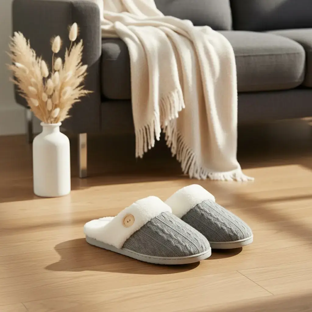 woman relaxing at home wearing cable knit slippers model ut-ws1006 cable knit slippers