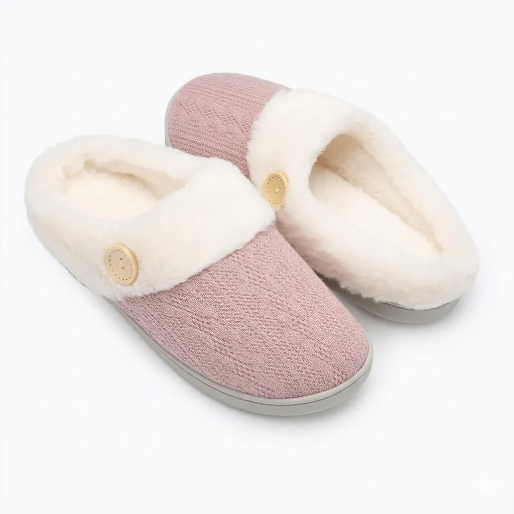 Pink Cable Knit Slippers Back View – UT-WS1006 back view of pink fleece lined cable knit slippers cable knit slippers