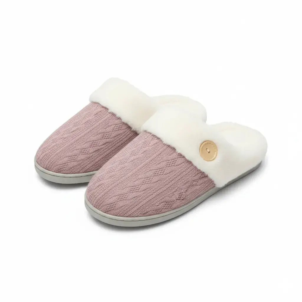Pink Button Cable Knit Slippers – UT-WS1006 front view of pink women’s button cable knit slippers model ut-ws1006 cable knit slippers