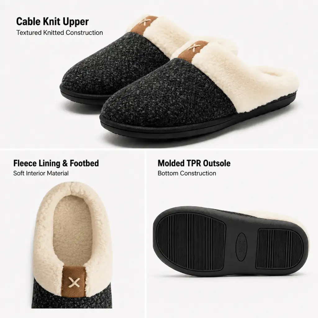UT-WS1001 women’s cable knit slippers showing knitted upper, fleece lining and footbed, and molded TPR outsole