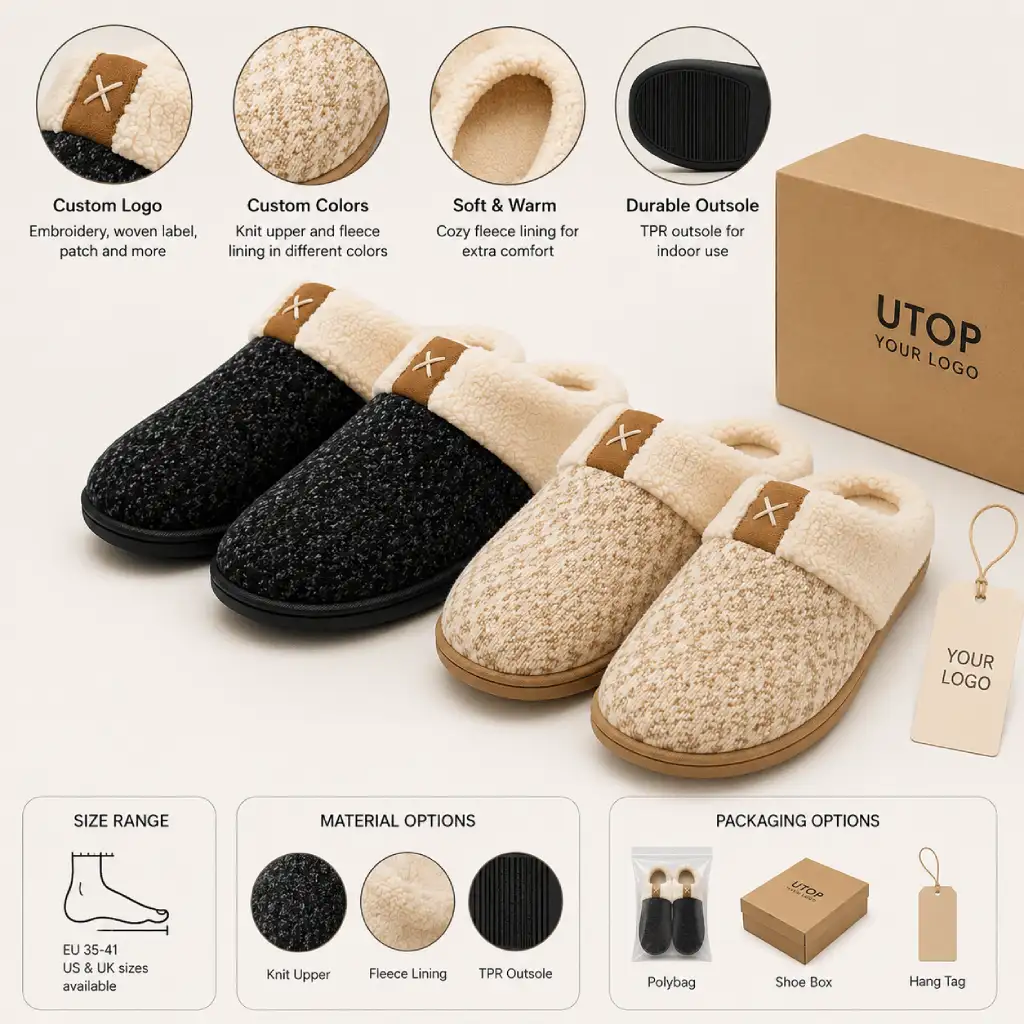UT-WS1001 women’s knit slippers shown with logo, color, size, material, outsole and packaging options for buyer FAQ reference