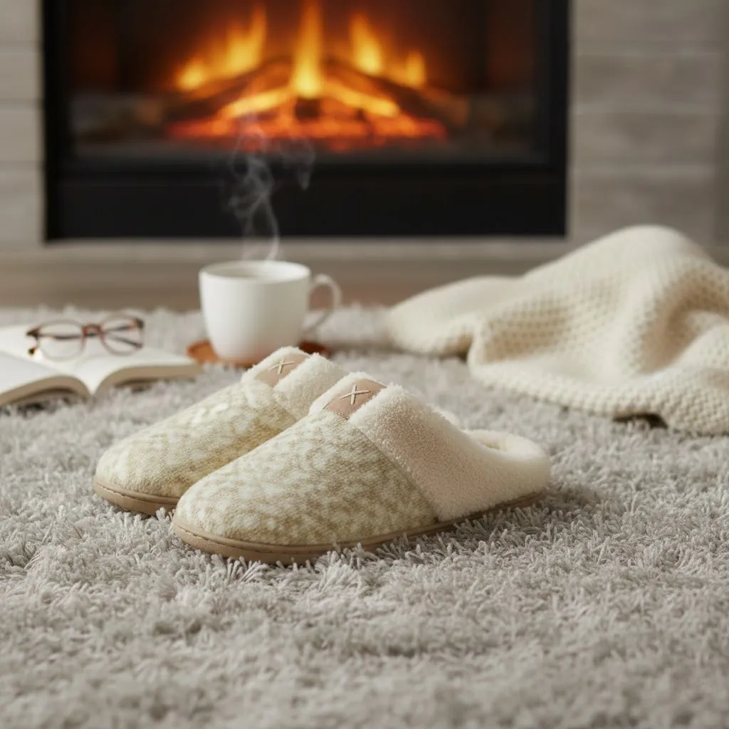 UT-WS1001 women’s knit slippers shown in a cozy indoor homewear setting with fleece lining and open-back design