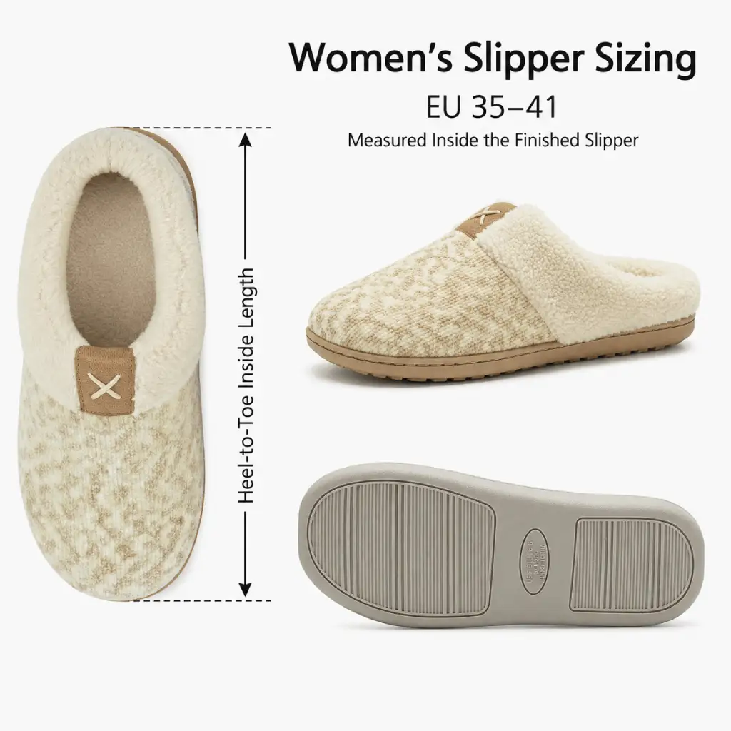 UT-WS1001 women’s knit slippers showing EU 35–41 sizing and heel-to-toe inside length measurement