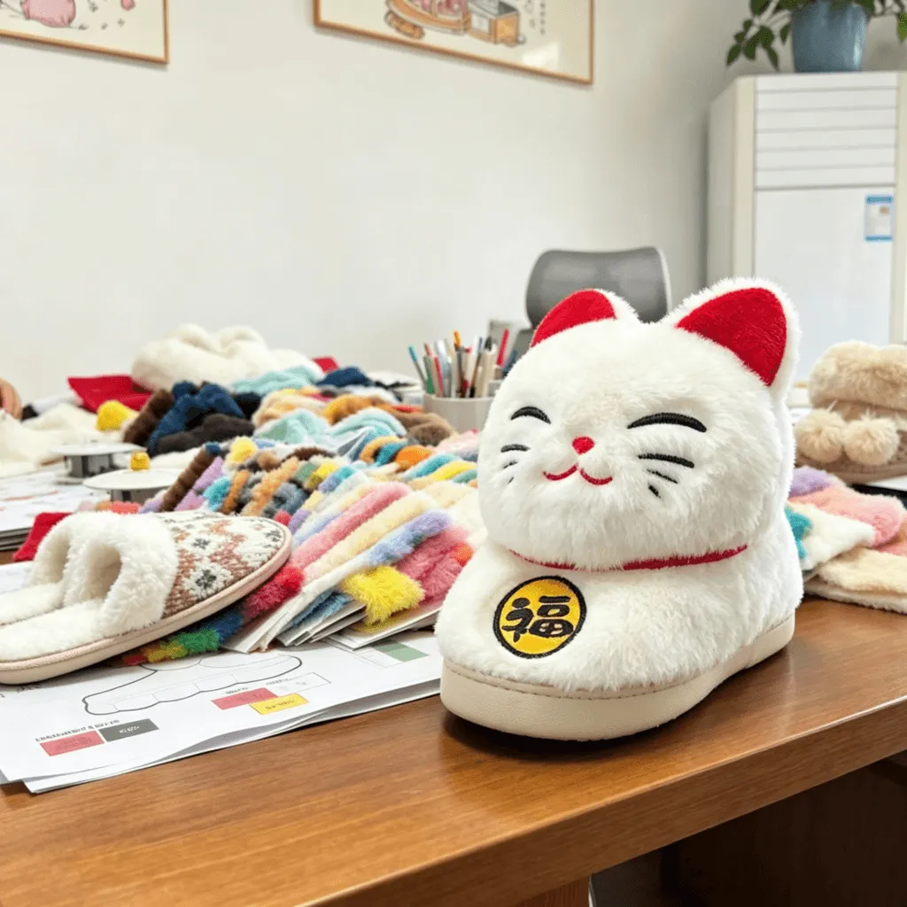 Custom indoor slipper development with plush material swatches and a finished sample