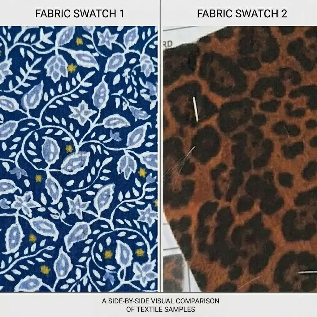 A side-by-side visual comparison of slipper textile samples, featuring printed Jersey fabric and leopard-print plush, demonstrating material diversity for wholesalers.
