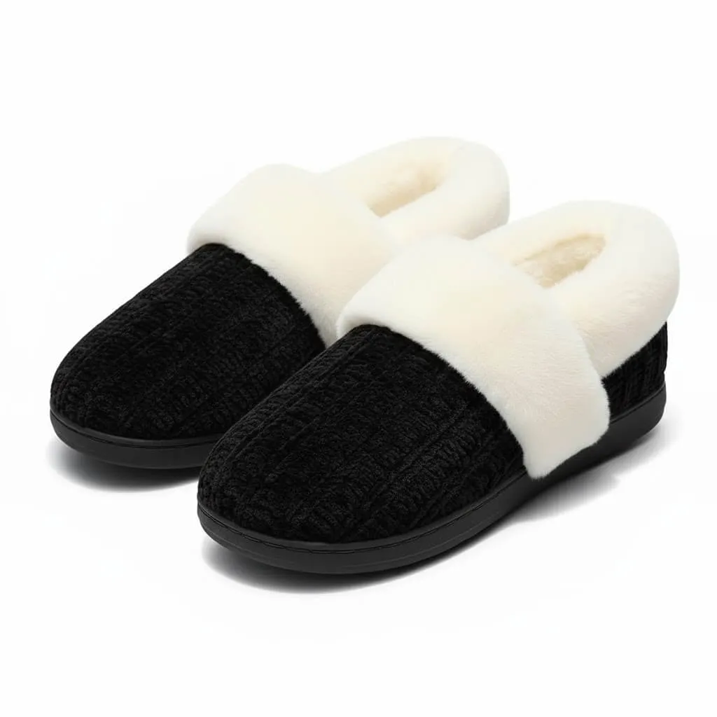 Black Chenille Knit Slippers – UT-WS1007 front view of black women’s chenille knit slippers with fur collar chenille knit slippers