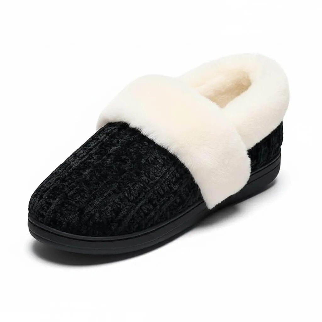 Black Chenille Slippers Side – UT-WS1007 side view of black chenille knit house slippers chenille knit slippers