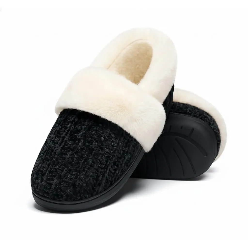 Black Chenille Slippers Top – UT-WS1007 top view of black chenille knit slippers chenille knit slippers