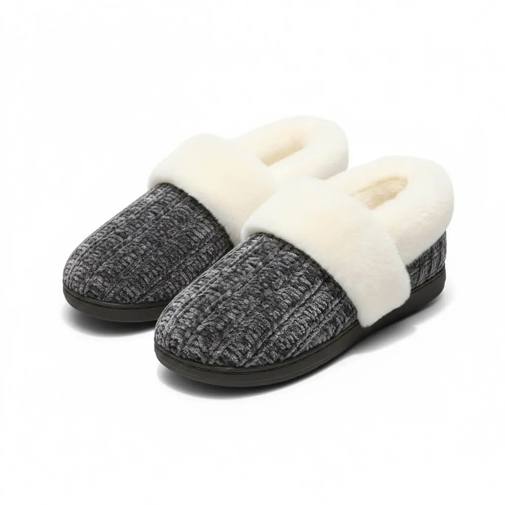 Dark Grey Chenille Knit Slippers – UT-WS1007 front view of dark grey women’s chenille knit slippers with fur collar chenille knit slippers