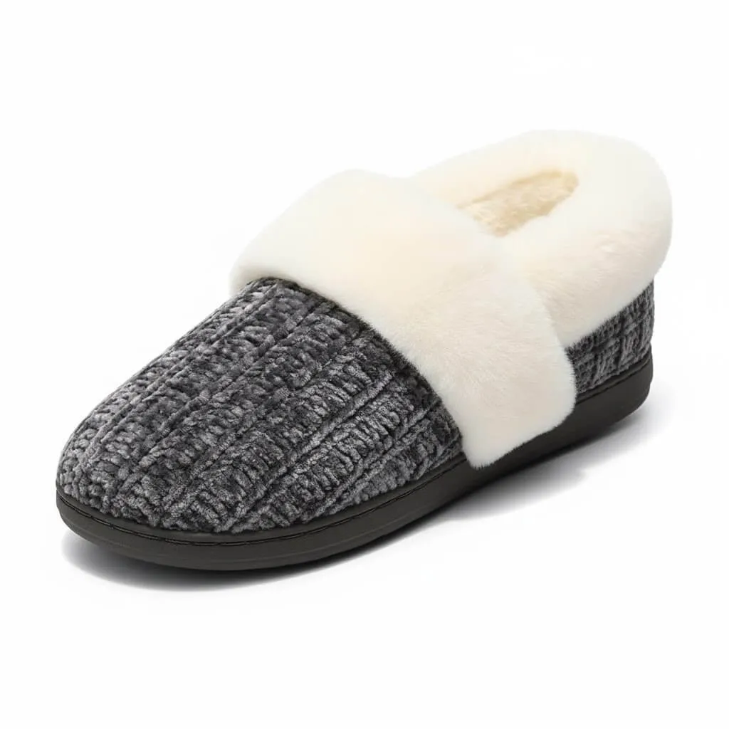 Dark Grey Chenille Slippers Side – UT-WS1007 side view of dark grey chenille knit house slippers chenille knit slippers